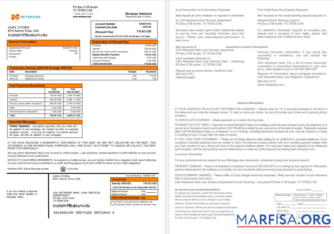 Printable USA Netspend bank mortgage statement in Word and PDF formats example